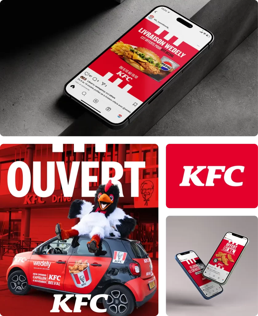 Visuel principal du projet KFC Luxembourg conçu par l'agence Wait: illustrant la stratégie de communication pour les trois restaurants du Grand-Duché