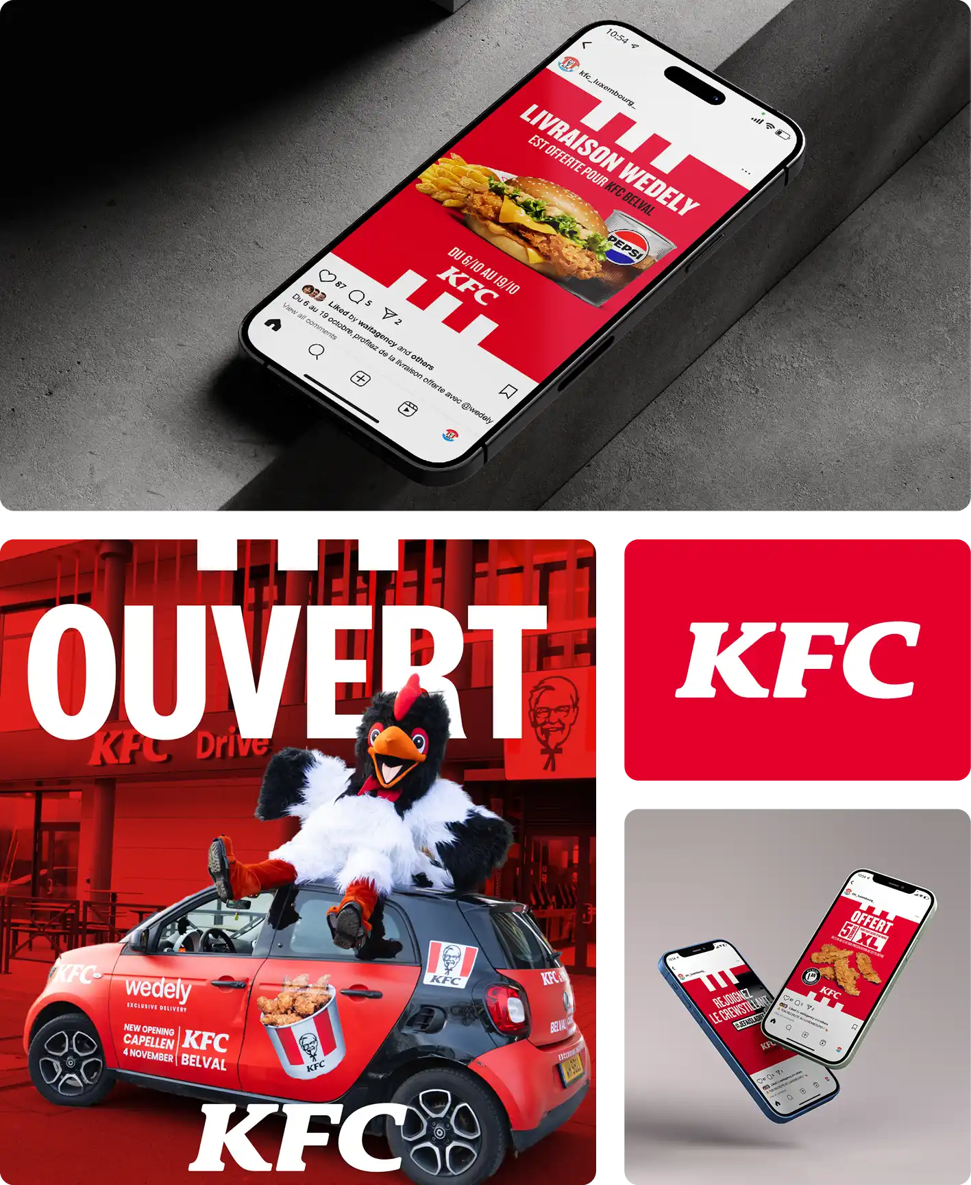 Visuel principal du projet KFC Luxembourg conçu par l'agence Wait: illustrant la stratégie de communication pour les trois restaurants du Grand-Duché